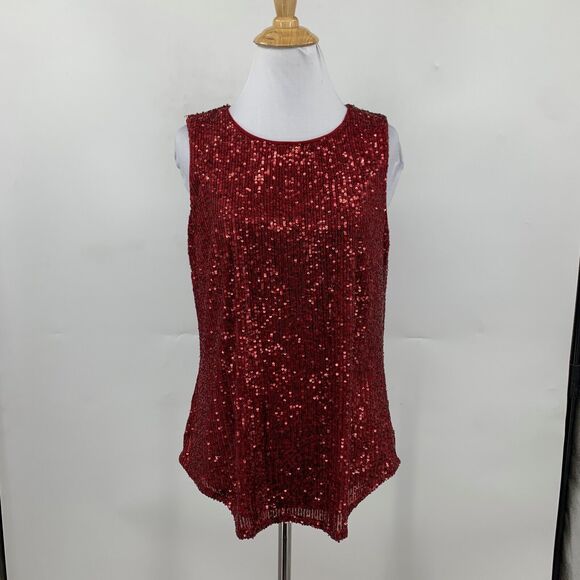 DKNY Tank Top Womens S Small Ruby Sequined Round Neck Sleeveless Keyhole Lined - Picture 2 of 13